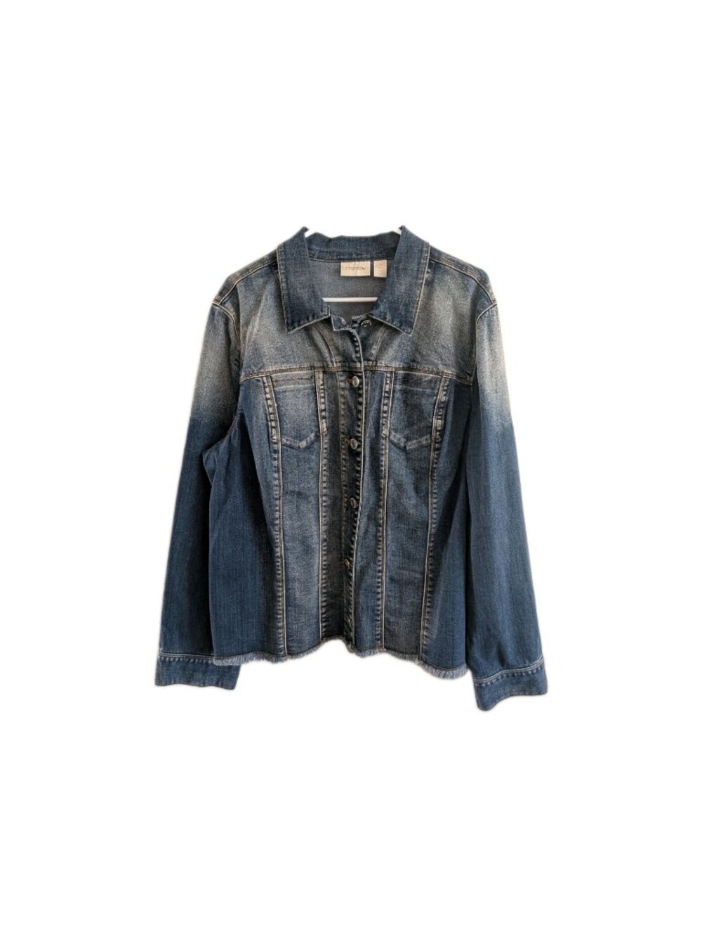 Chicos Raw Fringe Hem Denim Jacket Womens Size 3 XL Medium Wash Stretch Trucker